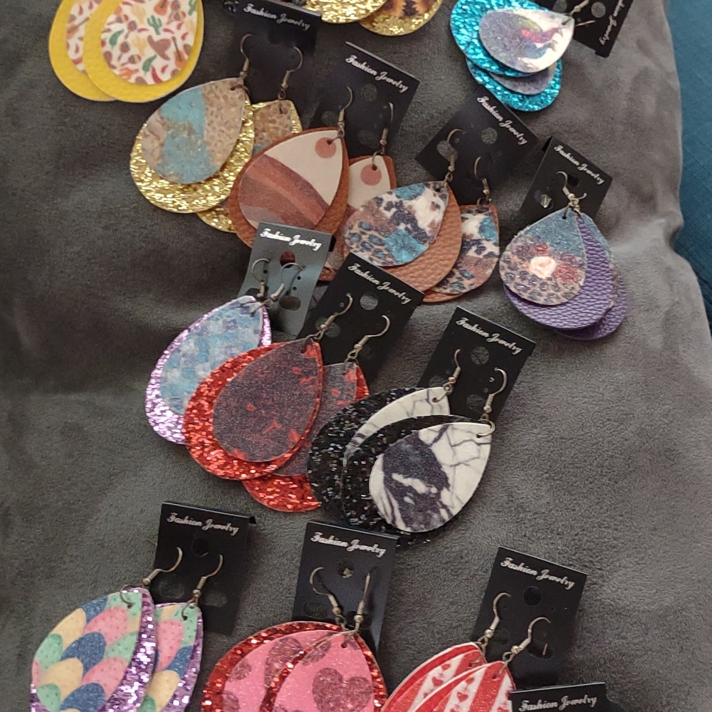 11 Pairs Of Fashion Jewelry Glitter and Patterned Teardrop Earrings Handmade